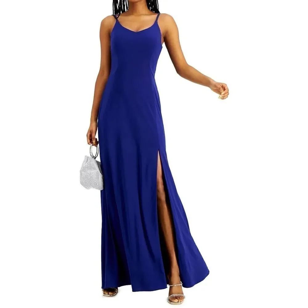Morgan & Co. Strappy Open Back Jersey Gown Junior's Plus Sz 15 Blue Maxi NWT